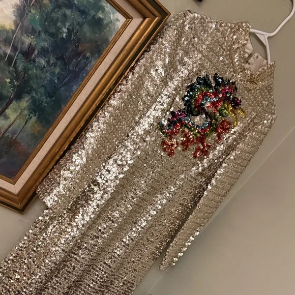 Vintage Silver Dragon 🐉 Holiday Sequin Colorful Embellished Dress Gown S M US 6 - Picture 4 of 6